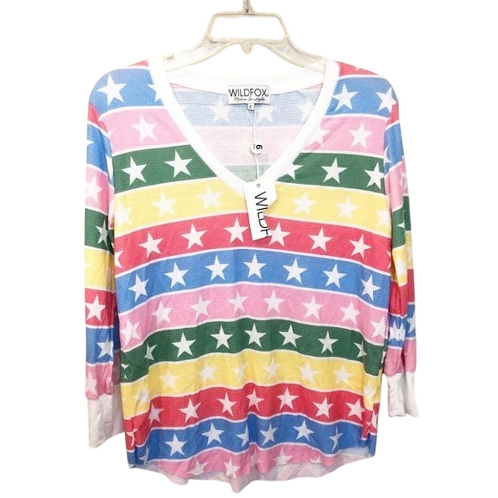 Wildfox Womens Rainbow Star Waffle Knit V-Neck Top WSW1738A7 Small NEW